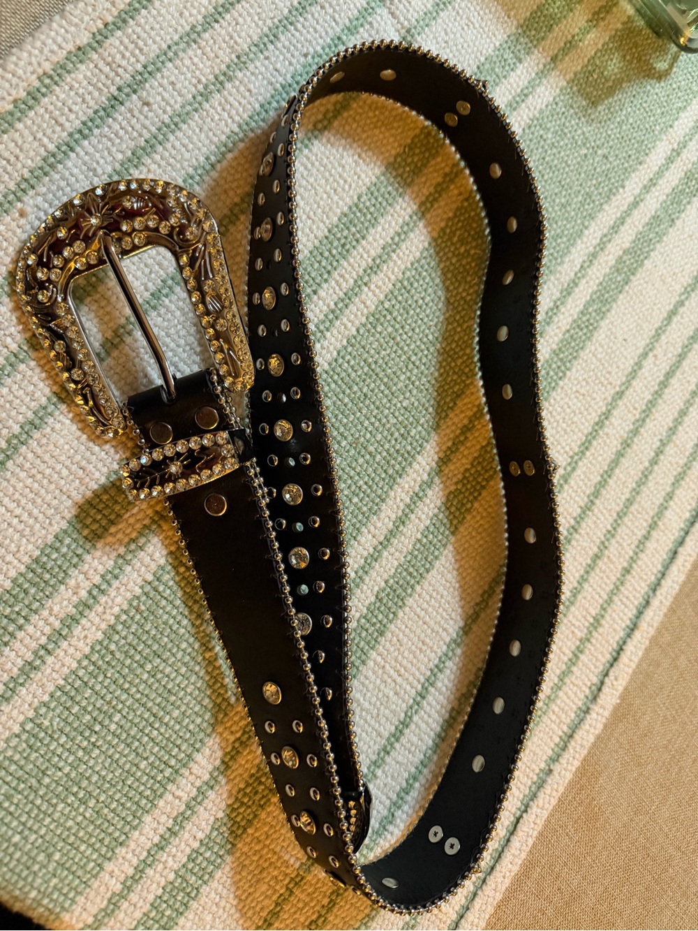 Unisex Black Rhinestone Western Belt Ornate Gold Buckle Crystal Cross Details
